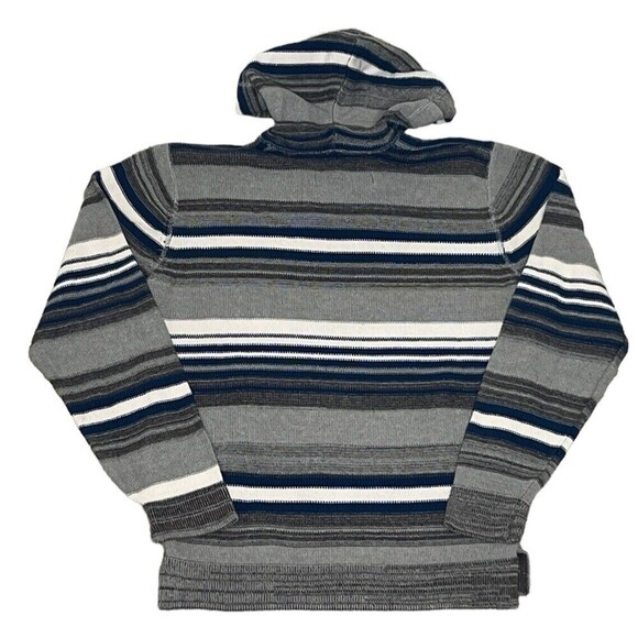 RETROFIT Hooded Striped Pullover Sweater Kangaroo Pocket Small Gray Blue - Picture 2 of 7